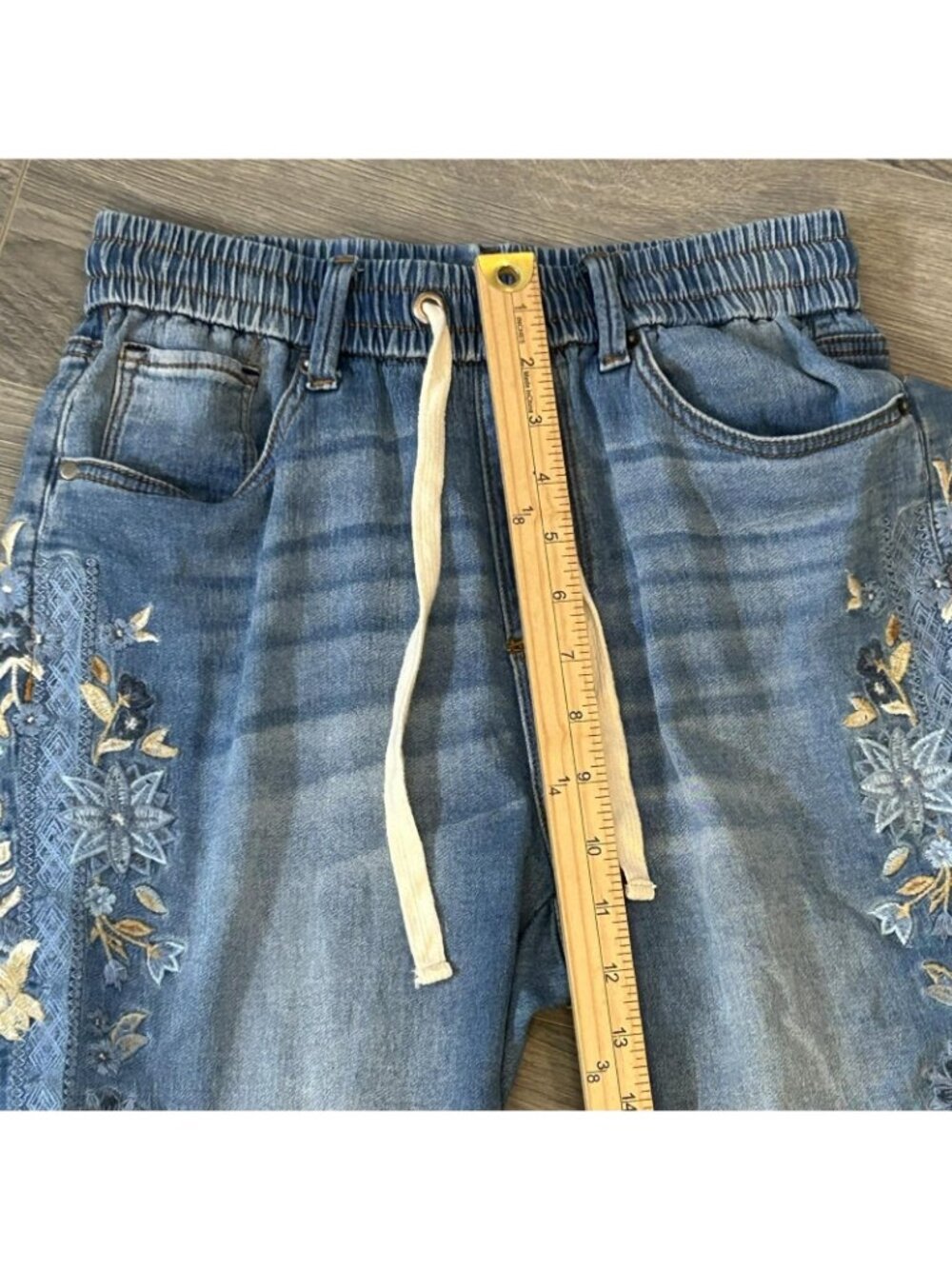 Driftwood Jeans Womens M Blue Embroidered Floral Jogger Tapered Elastic Waist - Picture 8 of 11